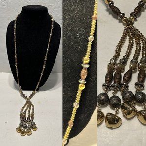 Vintage Liz Claiborne Boho Style Beaded Y Lariat Necklace 35" L Gold Tone Copper